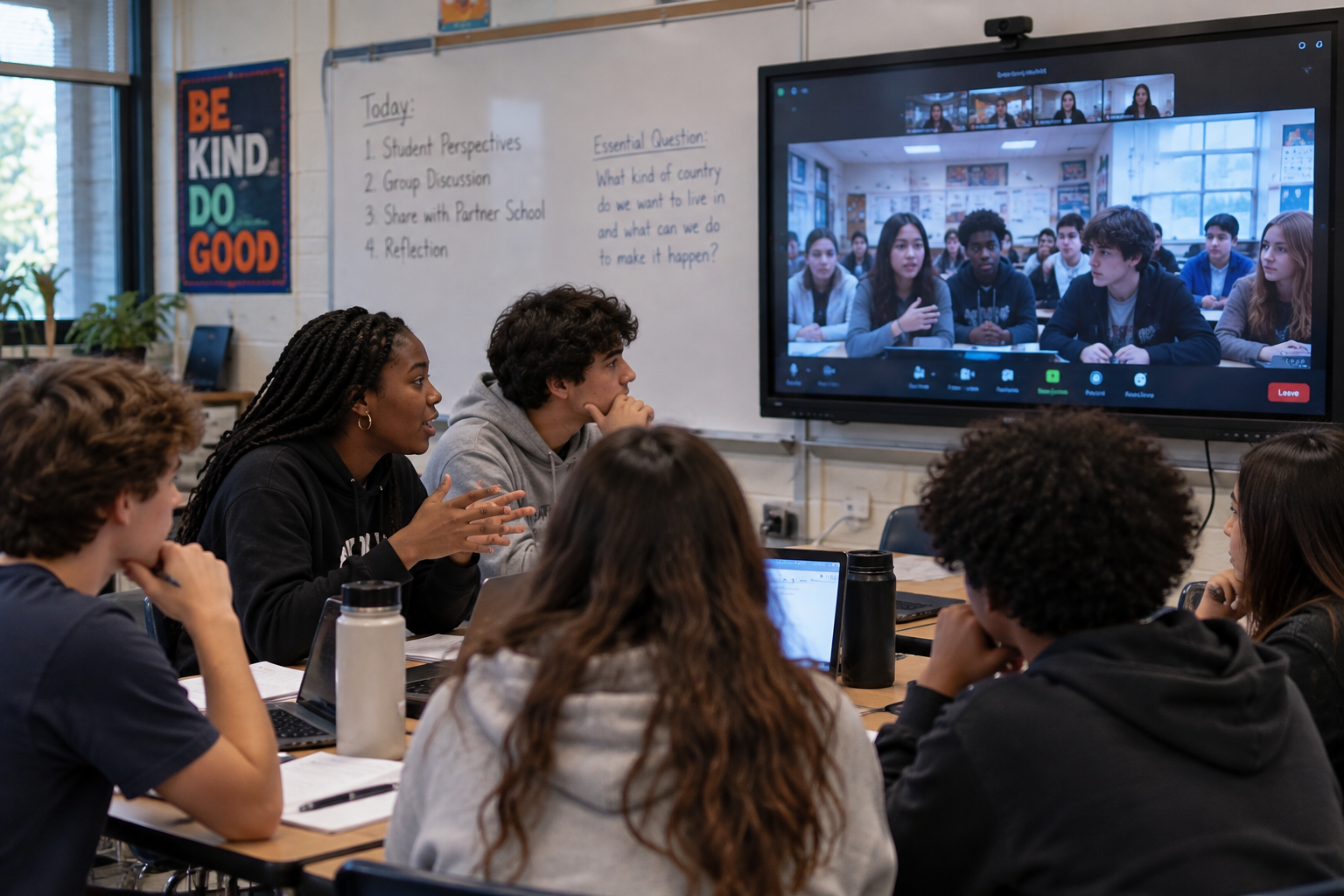 Classrooms from different regions meeting on a video call